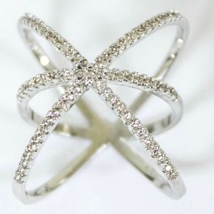 Elegant White Crystal Cross-Over Statement Ring Size 6